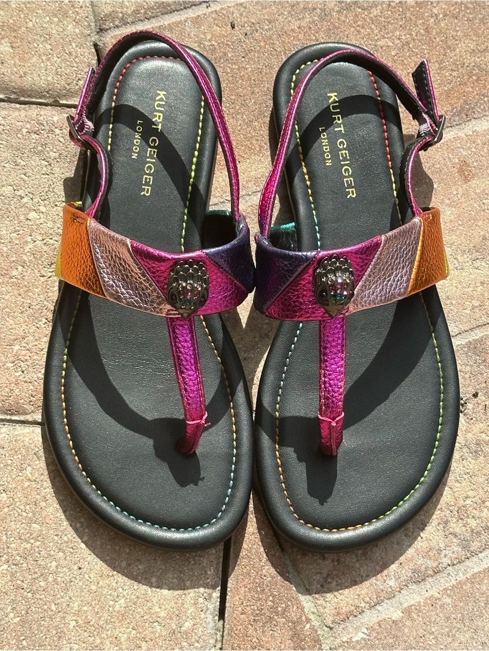 Kurt Geiger Kids Kensington T-Bar Metallic Leather Slip On Sandals 4M US & 35 EU